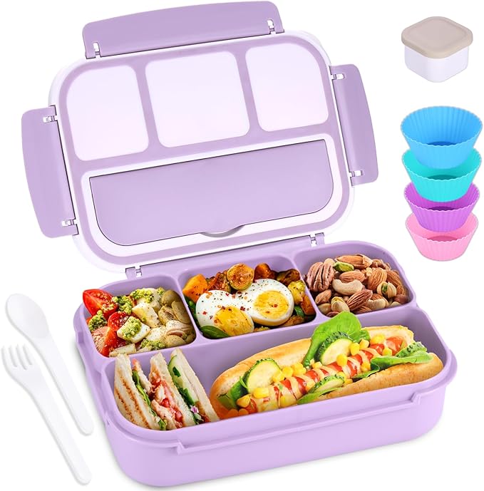 Bento Box Adult Lunch Box, Lunch Containers for Kids Girls Boys with 4 Compartments, Lunchable Food Container with Utensils, Sauce Jar, Muffin Liners, 40 Oz/5 Cup, Microwave Safe, Lavender