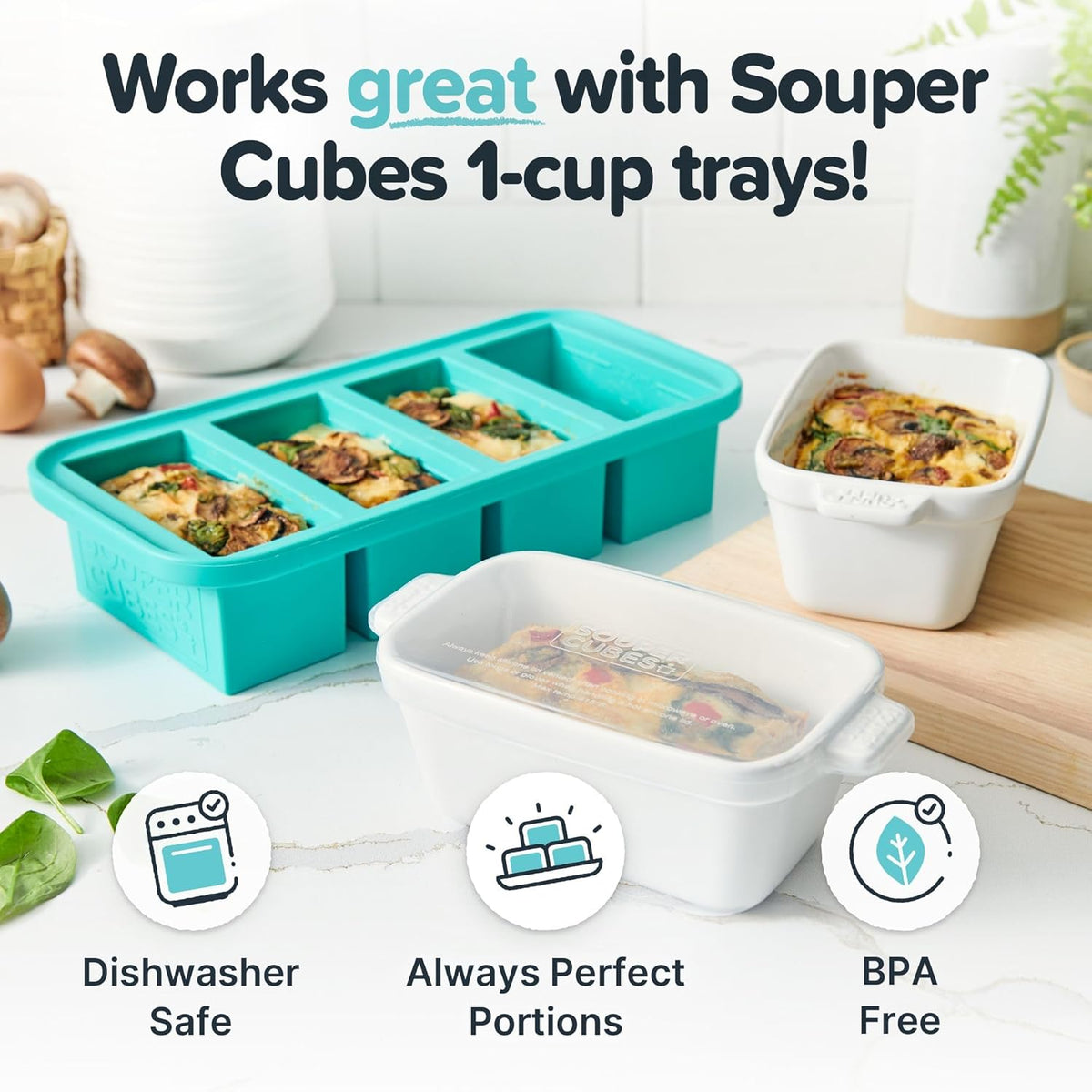 Souper Cubes Stoneware - Small Ceramic 5" x 3" Baking Dish with Silicone Covers, Small Baking Dishes for Oven Perfect for Reheating Single Serve Portions, Set of 4 - White