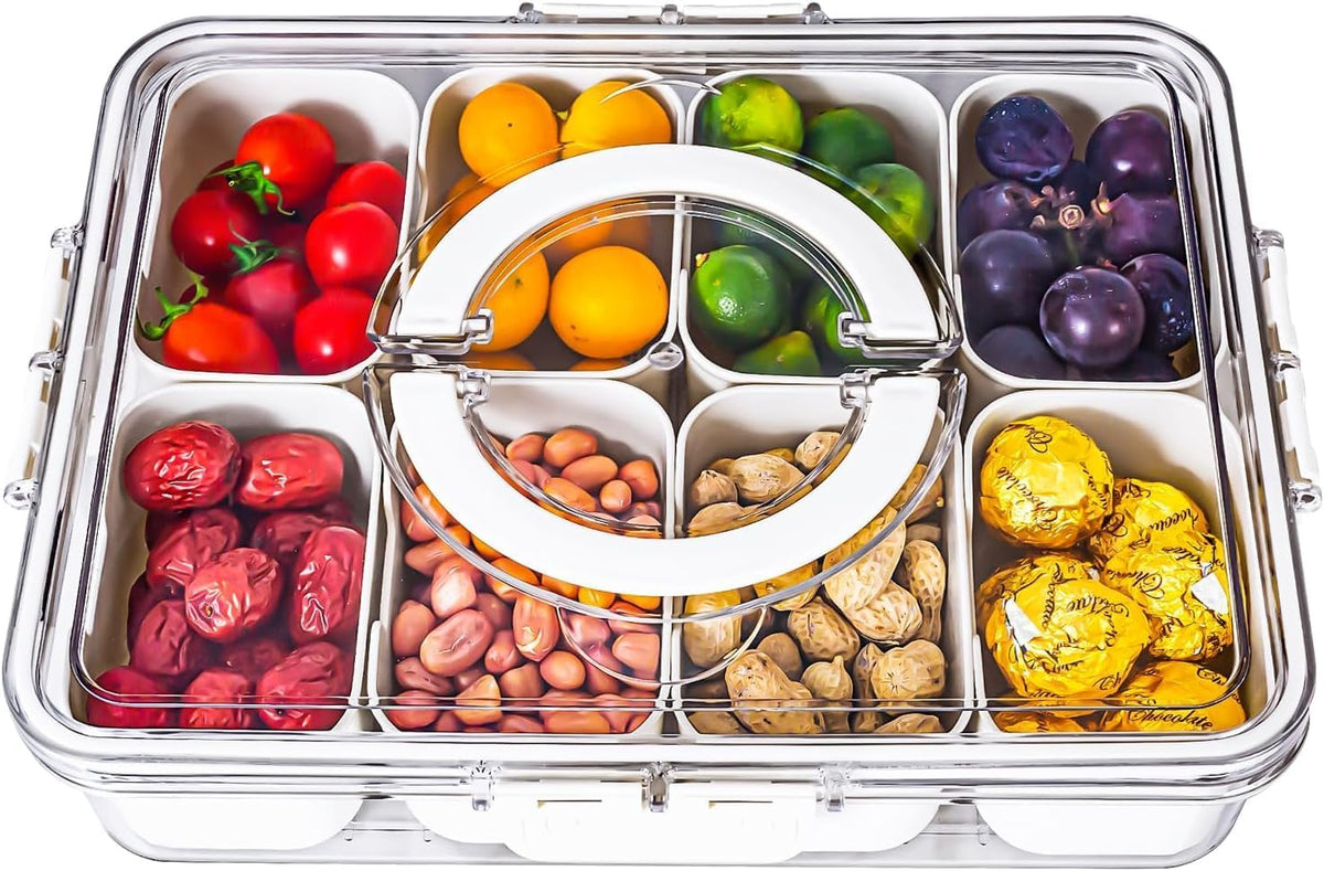 Divided Serving Tray with Lid and Handle,8 Compartments Snacks Box,Snack Fruit and Veggie Tray,Portable Platter for Candy Fruits Nuts Snack Party Entertaining Picnic (1 PCS)