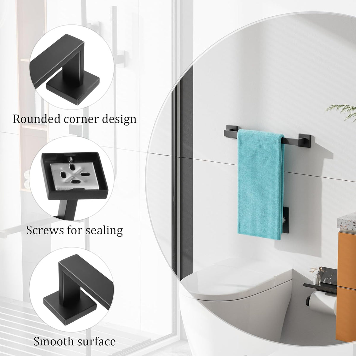 Alise Black Towel Bars,15.75 Inch Towel Holder Towel Racks for Bathroom and Lavatory,SUS304 Stainless Steel Hand Towel Hanger Rail Wall Mount,Useable Length 13.98 Inch Towel Bar, GYT040-B