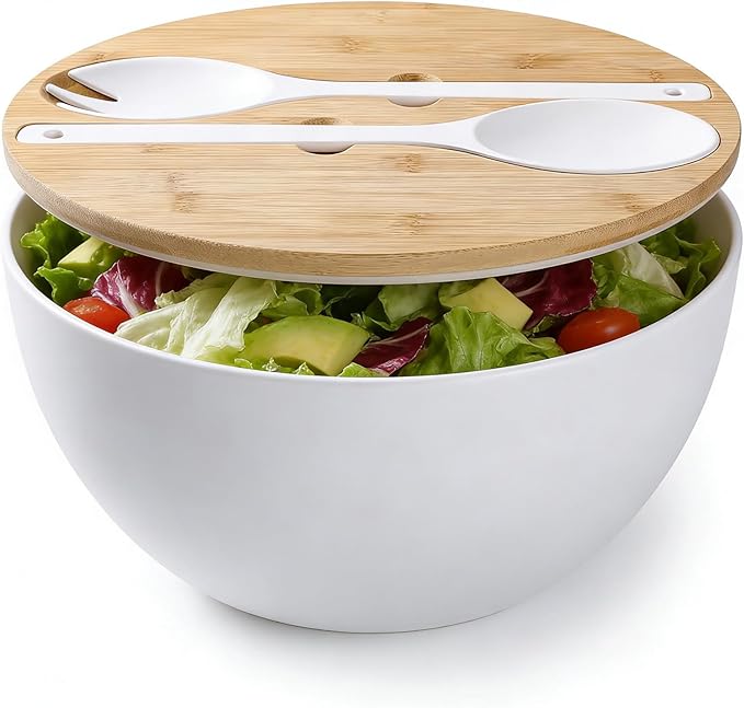 Salad Bowl with Lid, 12.6" Extra Large Bamboo Fiber Salad Bowl with Servers Set for Kitchen, Nature Bamboo Mixing and Serving Bowl with Lid, Spoon and Fork for Fruits,Salads and Vegetables (White)