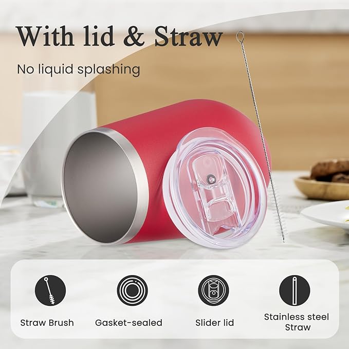 MEWAY Stemless 12oz Insulated Wine Tumbler with Lid and Straw - Double Wall Stainless Steel Thermal Cups for Hot and Cold Drinks, Bridal Shower Prizes for winners(Red,Set of 4)