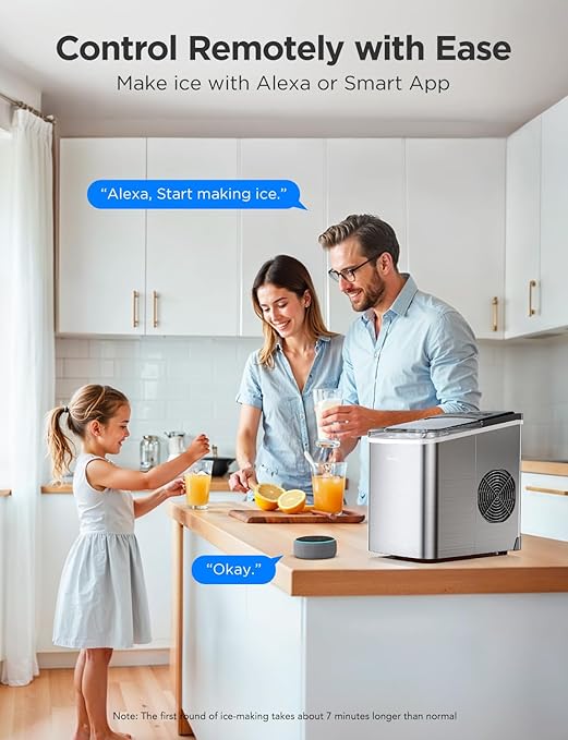 GoveeLife Smart Countertop Ice Makers, Portable Ice Maker Machine with Self-Cleaning, 6 Mins 9 Bullet Ice, 26lbs/24Hrs, Voice Remote for Home Kitchen Party Camping, with Ice Scoop Stainless Silver
