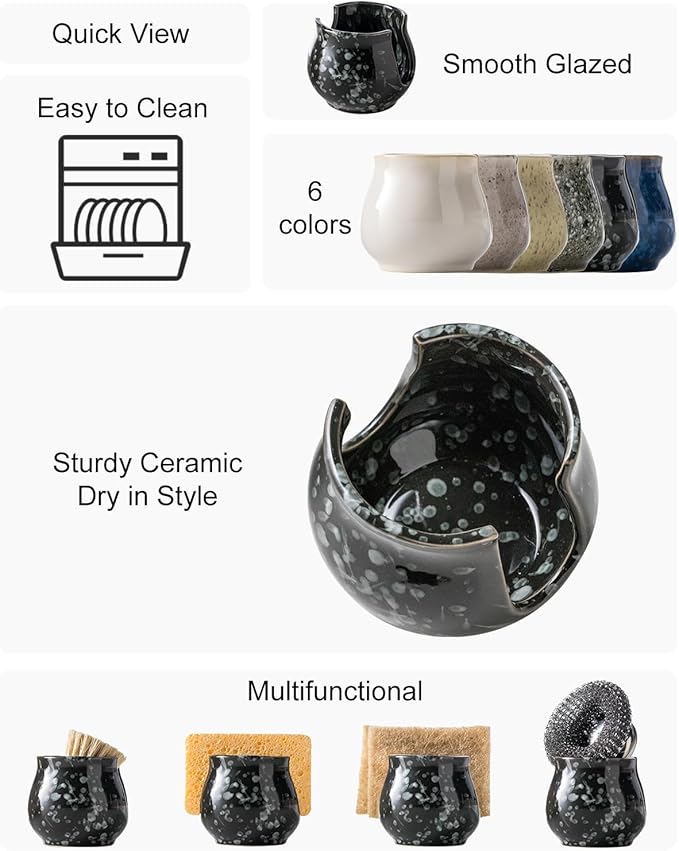Kitchen Sponge Holder, Ceramic Dish Sponge Holder Kithen Sink Organizer Farmhouse Brush Holder Dish Rack for Bathroom, Kitchen, Sink, Black