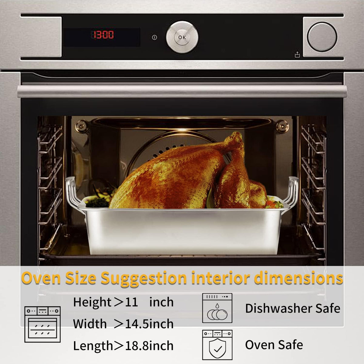 15 Inch Stainless Steel Roasting Pan with Cooling Rack - Turkey, Chicken, Ham Roaster with V-Shaped Baking Rack by Kendane