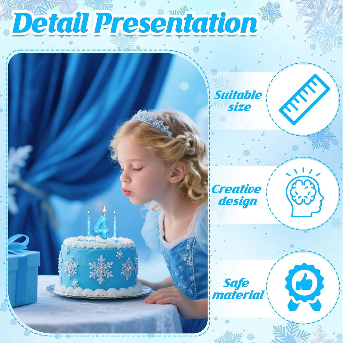 13PCS White and Blue Frozen Themed Party Birthday Candles Set - Blue Number Candles Snowflake Themed Decorations, Girls Party Supplies(Number 4)