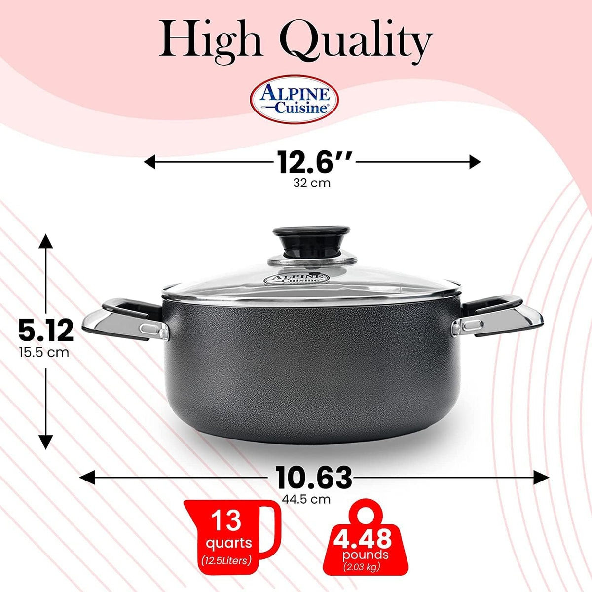 Alpine Cuisine 13 Quart Non-stick Stock Pot with Tempered Glass Lid and Carrying Handles, Multi-Purpose Cookware Aluminum Dutch Oven for Braising, Boiling, Stewing