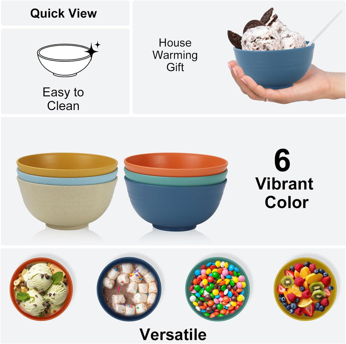 Unbreakable Wheat Straw Bowls for Kids, 10 oz Snack Bowls Set of 6, Small Handy Bowls Set for Snack, Dessert and Appetizer,Multi Color