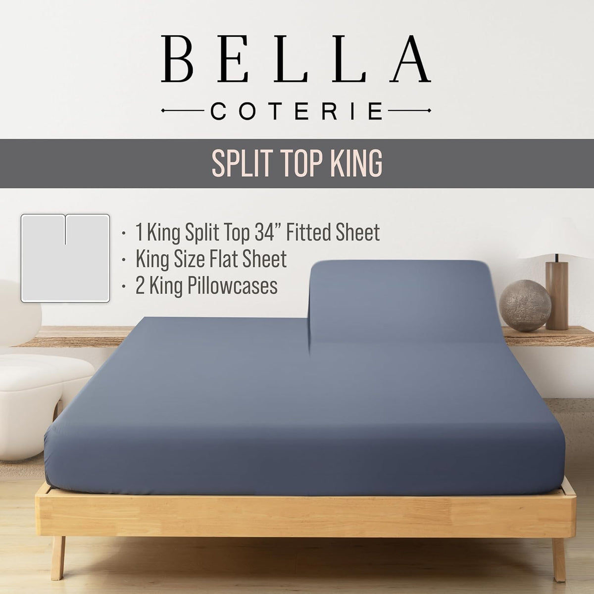 Bella Coterie Luxury Bamboo Viscose Split Top King Size Sheet Set | 100% Organically Grown | Ultra Soft | 34" Split | Cooling for Hot Sleepers | 18" Deep Pocket [Slate Blue]