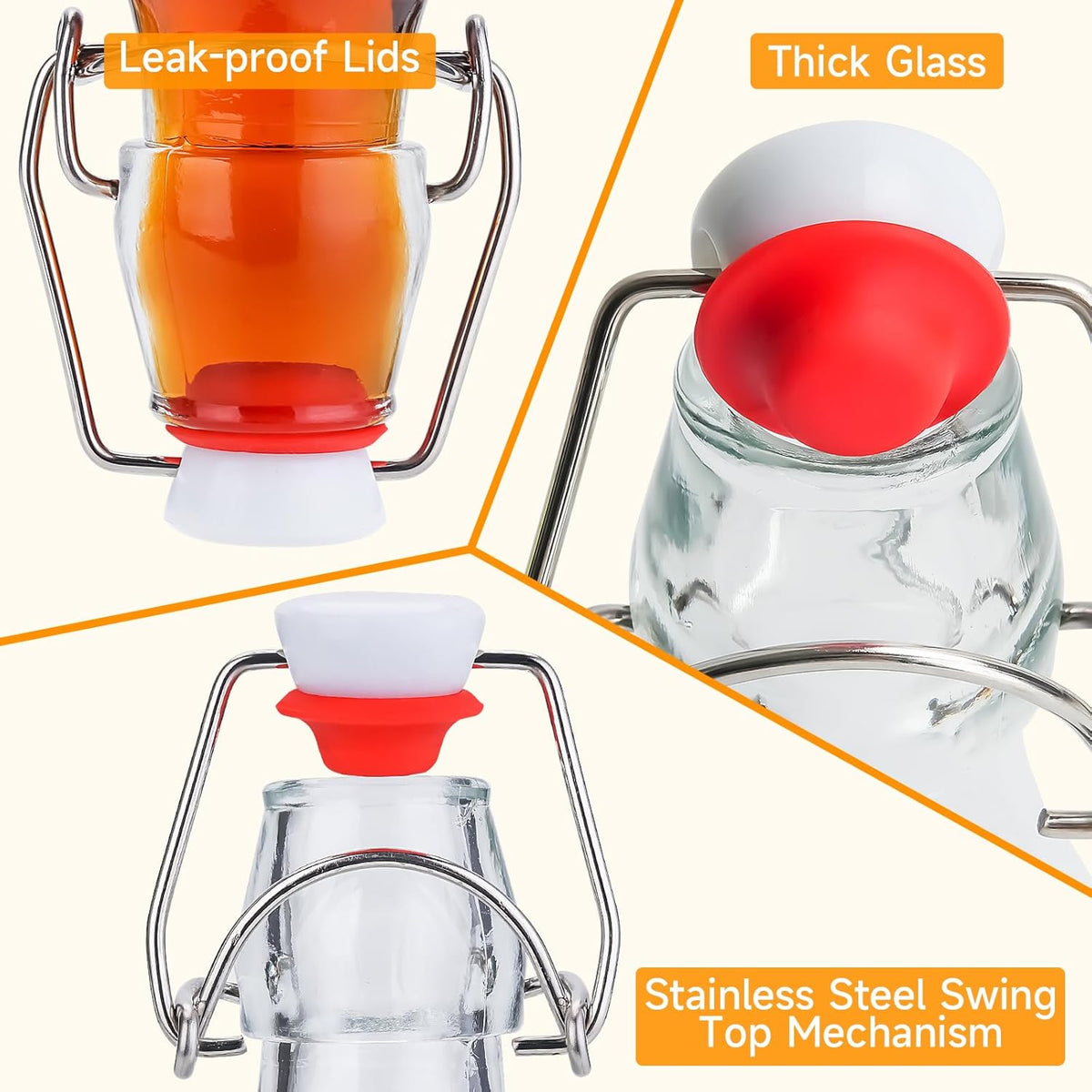WILLDAN Swing Top Glass Bottles [1 Liter / 33 fl. oz.] [Pack of 6] Flip Top Brewing Bottle w/Leak Proof Stopper Lids for Fermentation, Kombucha, Mead, Vinegar, Beer, Kefir, Wine, Water, Soda