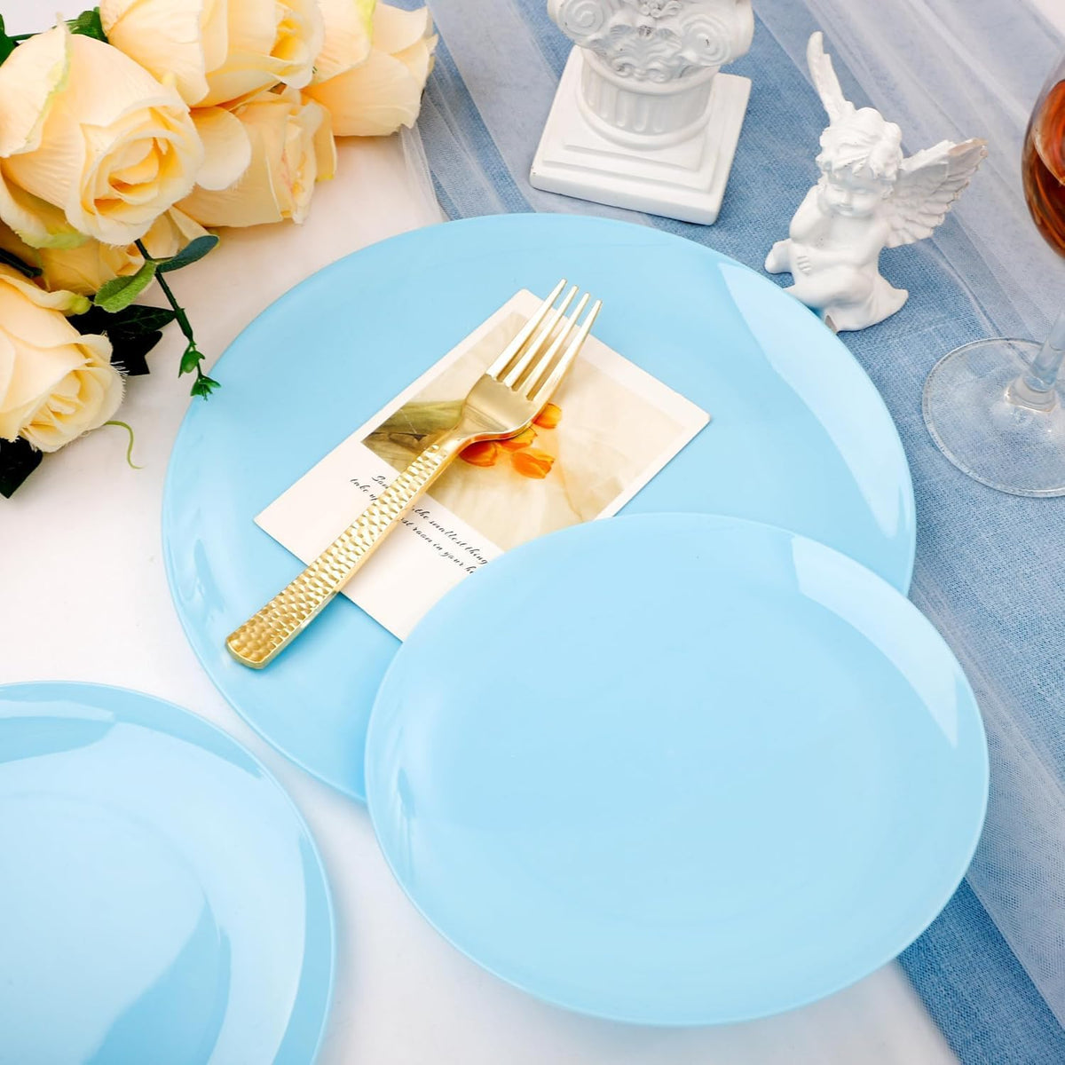 KIRE 60PCS Blue Plastic Plates Disposable - Heavy Duty Light Blue Plates Include 30Pcs 10.25” Dinner Plates and 30Pcs 7.5” for Dessert/Salad in Baby Shower/Picnic
