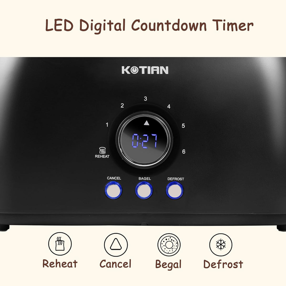 Toaster 4 Slice,KOTIAN Retro Long Slot Toasters with Countdown Timer,Stainless Steel Toaster,Bagel,Defrost,Reheat,Cancel Functions,Extra Wide Slots,6 Toast Settings,Removable Crumbs Tray,Matte black