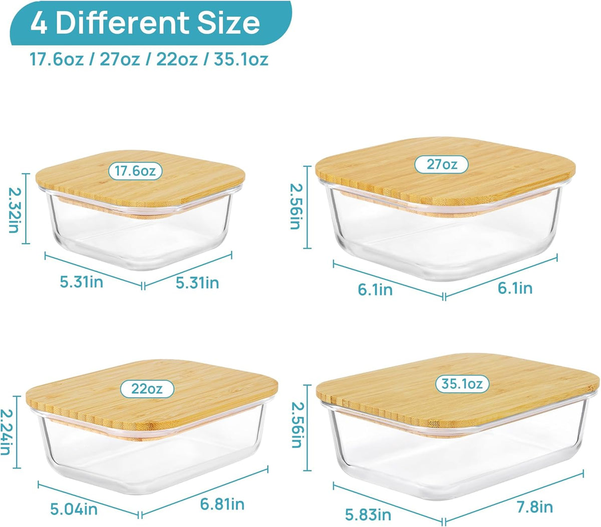 Vtopmart Glass Food Storage Containers with Bamboo Lids, 4 Pack Meal Prep Glass Containers Safe for Microwave, Oven, Freezer and Dishwasher, BPA Free