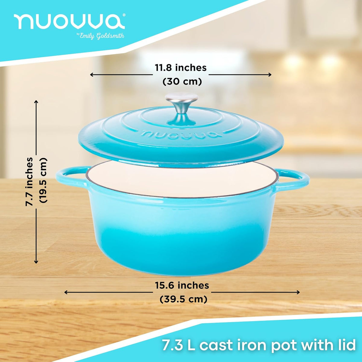 Cast Iron Dutch Oven with Lid – Non-Stick Ovenproof Enamelled Casserole Pot – Sturdy Dutch Oven Cookware – Blue, 7.3-Quart, 30cm – by Nuovva
