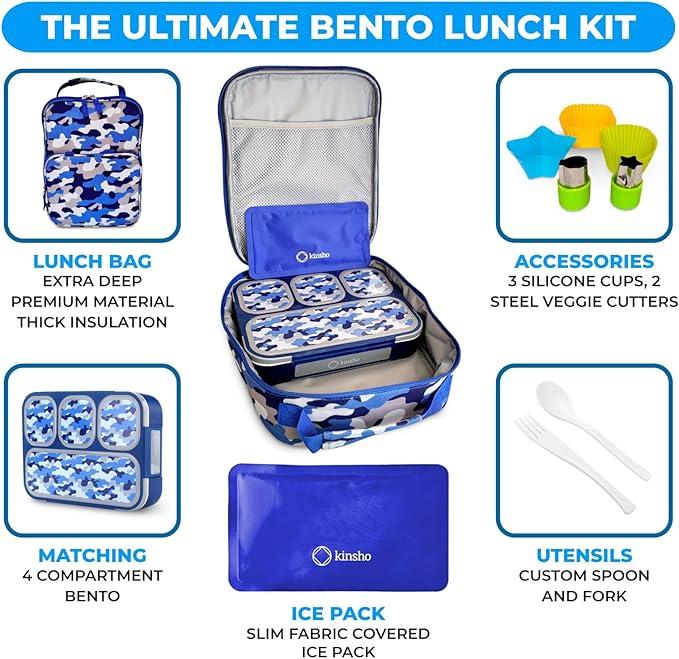 Camo Lunch Box for Boys, Bento-Box with Insulated Bag Ice Pack and Accessories, Set for Kids, Insulated Thermal Bag for School, Container Boxes for Big Kid Tween Adult Lunches, Blue Black Camouflage