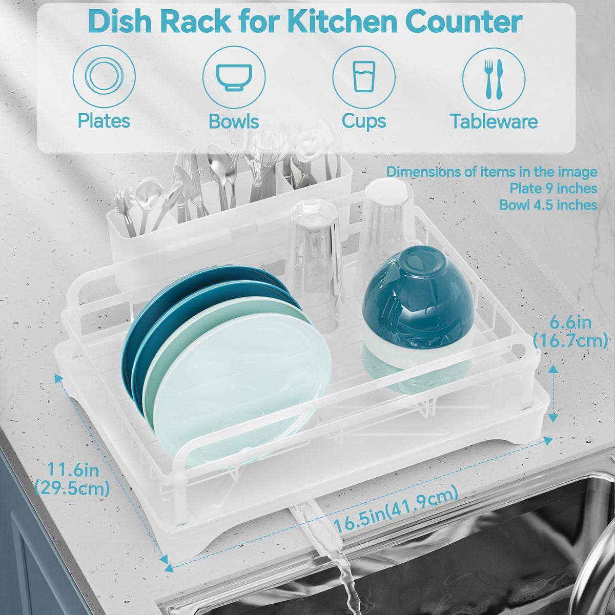 Dish Drying Rack Kitchen - Dish Racks for Kitchen Counter Space-Saving, Dish Drainer with Automatic Drain and Adjustable Spout, Dishwasher Rack with Cutlery Holder, Easy to Install, White