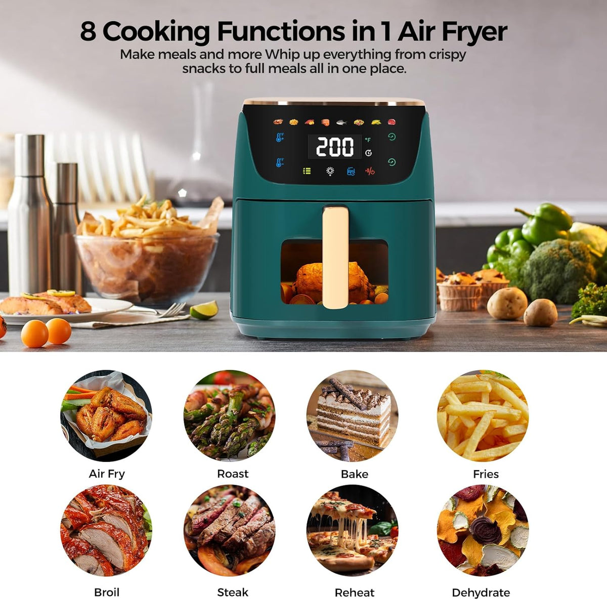 Panana 8QT Large Air Fryer Compact, 8 Preset Menus Airfryer, One-Touch Digital Control Presets, Touchscreen Display, Dishwasher Safe, Nonstick, Fit for Family (Green)