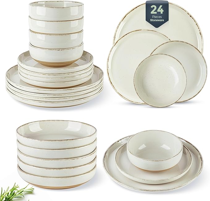 AmorArc Ceramic Dinnerware Sets with Pasta Bowls for 6, Handpainted Plates and Bowls Set with Rustic Terracotta Underside, Scratch Resistant Dishes Set, Dishwasher & Microwave Safe, 24 Pcs