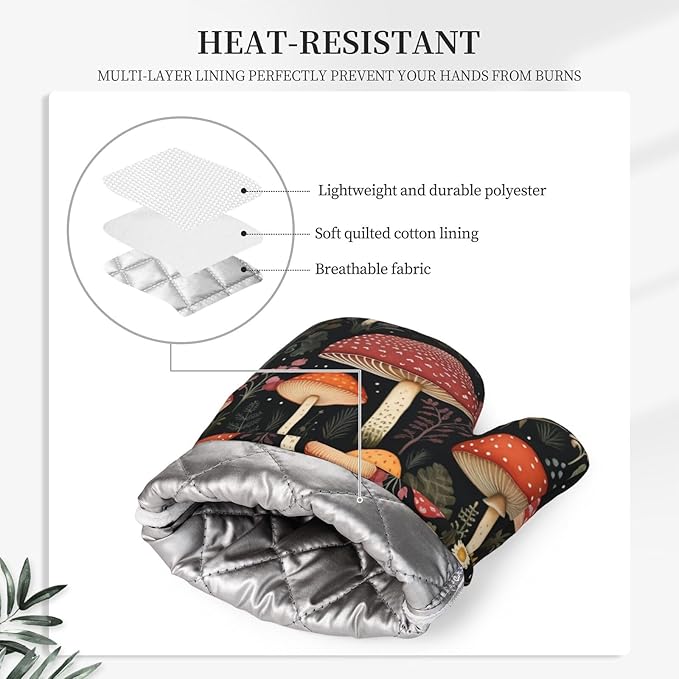 Oven Mitts and Pot Holders Mushroom Botanical Leaf Vintage Silicone Kitchen Accessories Set of 4 Heat Resistant Long Gloves Potholder Non-Slip Grip for Chef Cooking Baking Grilling BBQ