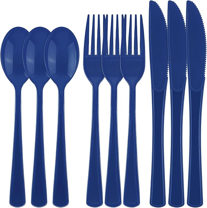 300 Pieces Dark Blue Plastic Silverware Heavy Duty Plastic Cutlery Set Heavyweight Disposable Flatware Includes Spoons Forks Knifes for Birthday Party Prom Night Wedding Dinner