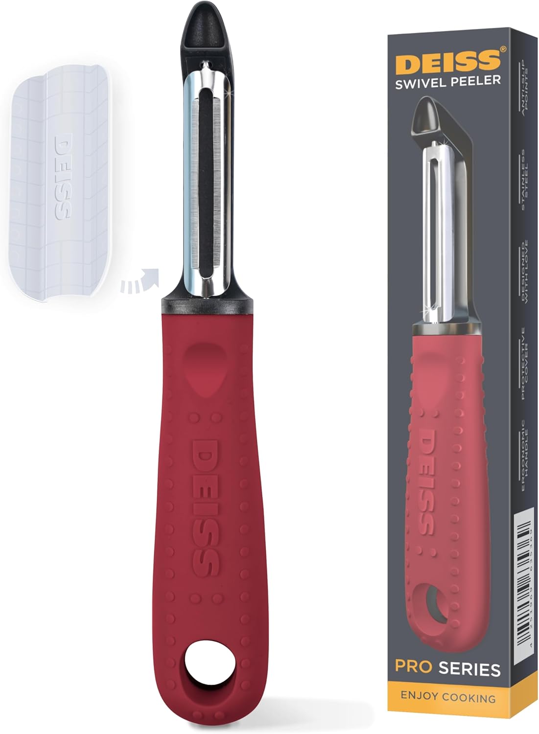 Deiss PRO Premium Swivel Vegetable Peeler - Sharp Stainless Steel Peeler With Easy Non-Slip Hand Grip, Potato Peelers For Kitchen, Fruit, Carrot, Apple, Veggie, Kiwi, Durable, Dishwasher Safe (RED)