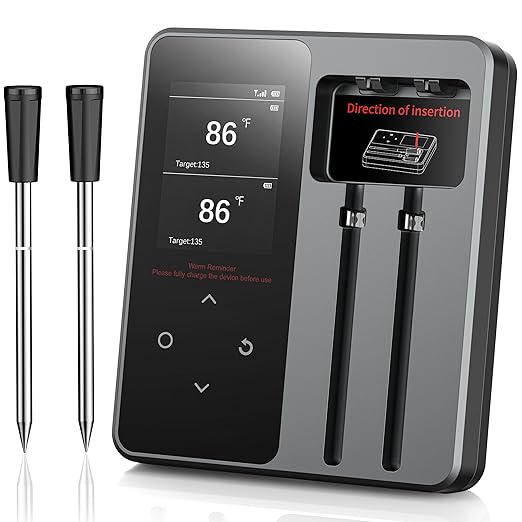 Wireless Meat Thermometer with App Control, 600FT Bluetooth Range, Dual Probes & 6 Sensors, 0.5S Instant Read, LCD Display, IP67 Waterproof Real-Time Monitoring & Smart Alerts for BBQ, Grill, Oven