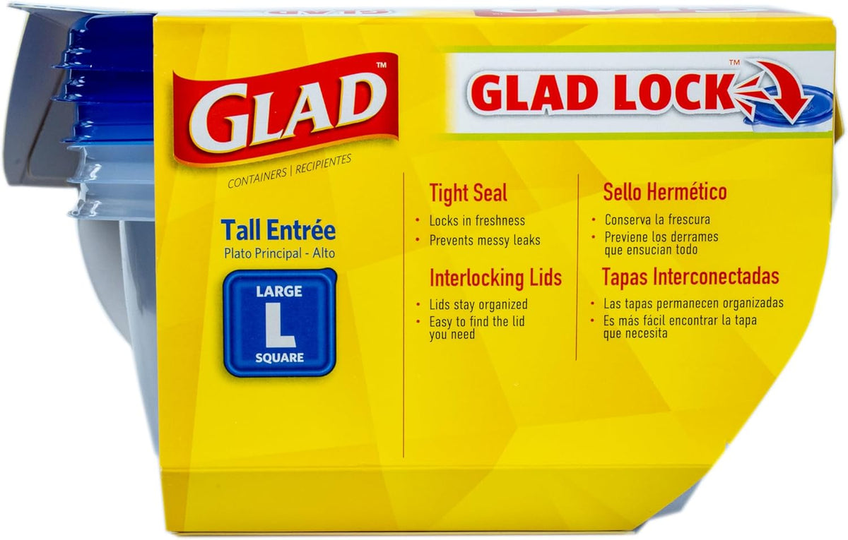 Glad GladWare Tall Entree Food Storage Containers - Large Square - Meal Container Holds up to 42 Ounces of Food - Lock Tight Seal, 3 Count