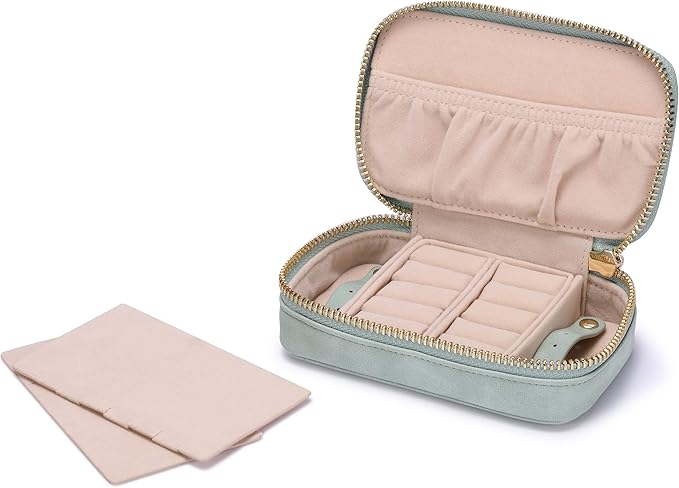 HISCOW Vegan Leather Travel Jewelry Case with Zipper - Portable Necklace & Earring Holder Organizer for Women Girls, Velvet-Lined Ring Box with Anti-Tarnish Design, Light Green