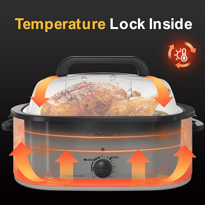 Sunvivi 22-Quart Roaster Oven with Visible Glass Lid, Sunvivi Electric Roaster with Removable Pan & Rack, 150-450°F Full-Range Temperature Control with Defrost/Warm Function, Stainless Steel, White