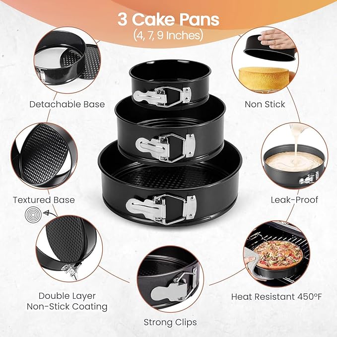 RFAQK 100pcs Cake Pan Sets for Baking + Cake Decorating Supplies: 3 Non-Stick Springform Pans Set (4, 7, 9 inches), Icing Tips, Cake Leveler – Multi-functional Leak-Proof CheeseCake Pan & eBook