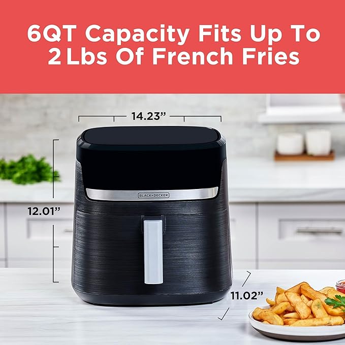 BLACK+DECKER Purifry 6QT Air Fryer, Crispy Deep Fried Taste without the Fat, Plus Bake, Dehydrate, and Keep Food Warm, Digital Touchscreen and Auto Shut-Off