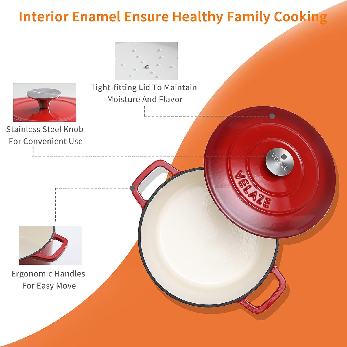 Velaze 6 QT Enameled Cast Iron Dutch Oven, Dual Handles Pot with Lid, Heavy-Duty Non-stick Round Oven for Bread Baking, Stewing, Roasting, Good Sealing for All Heat Source (Red)