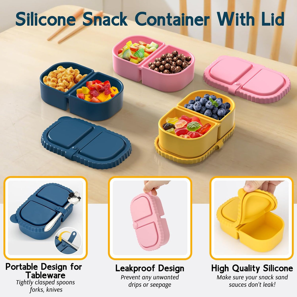 3 Pack Reusable Silicone Snack Containers with Lids, Mini Containers 2 Compartments, Portable Silicone Food Storage Box for Picnic, School, Office (3)