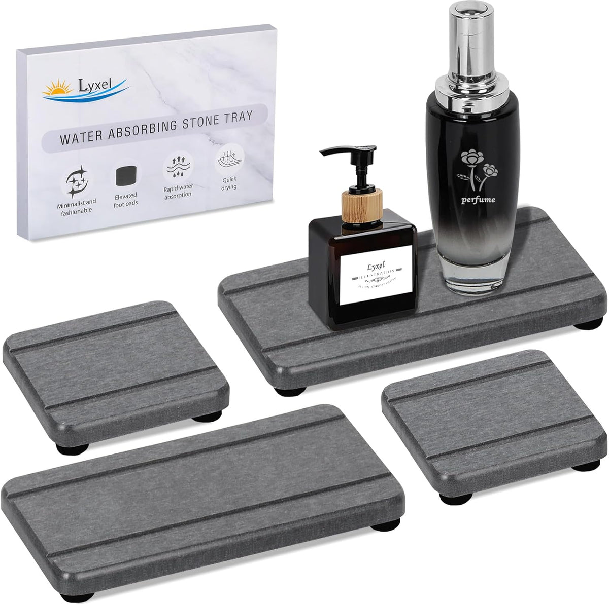 4PCS Stone Drying Trays for Bathroom Sink and Kitchen Counter, Water Absorbing Stone Tray with Diatomaceous Earth, Soap Dish and Coaster