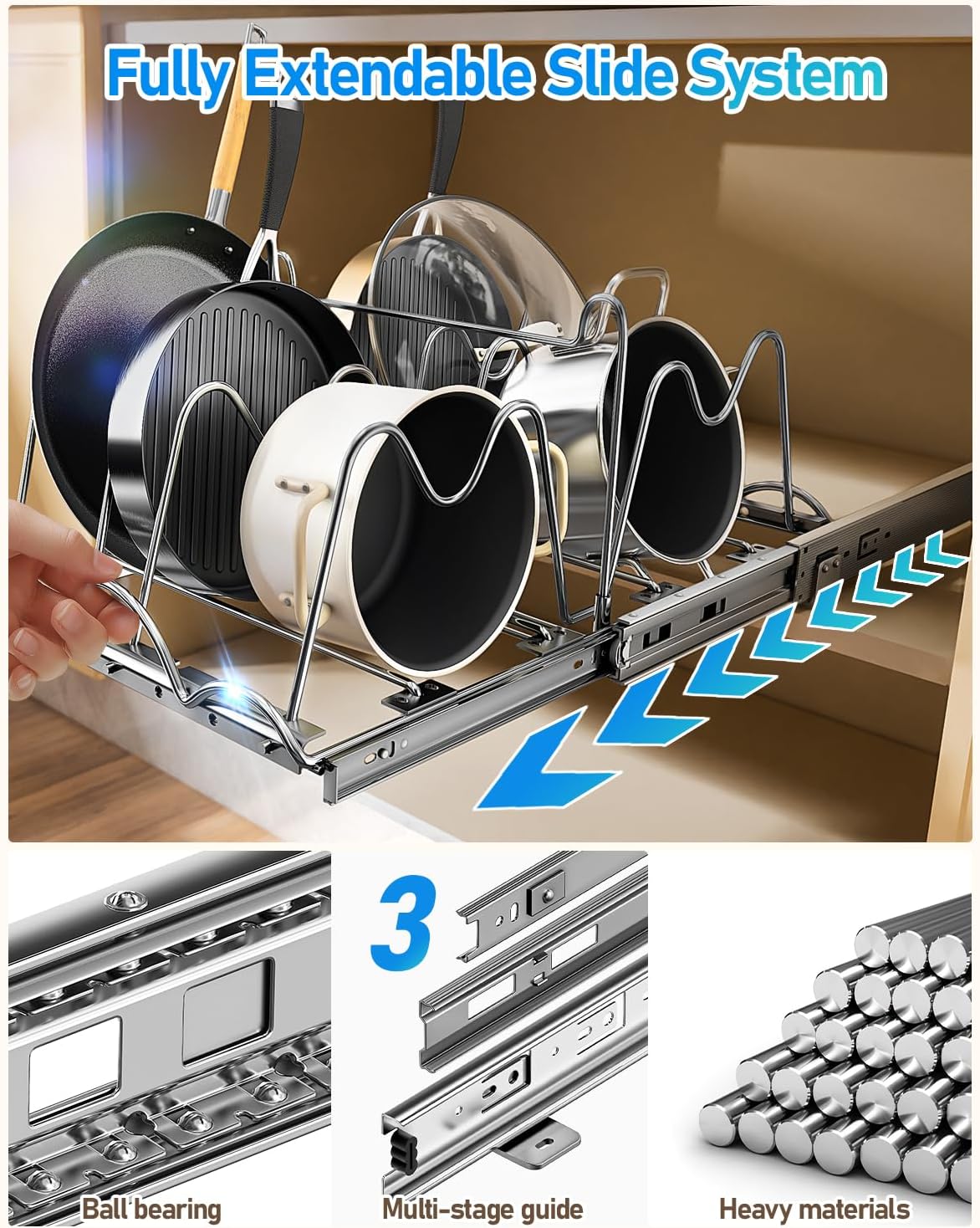 Pull Out Pots and Pans Organizer Under Cabinet, Slide Out Pot Lid Holder, Baking Tray and Cookie Sheet Storage, Adjustable Width, Fully Extendable Kitchen Cabinet Organizers(11’’W×17’’D)