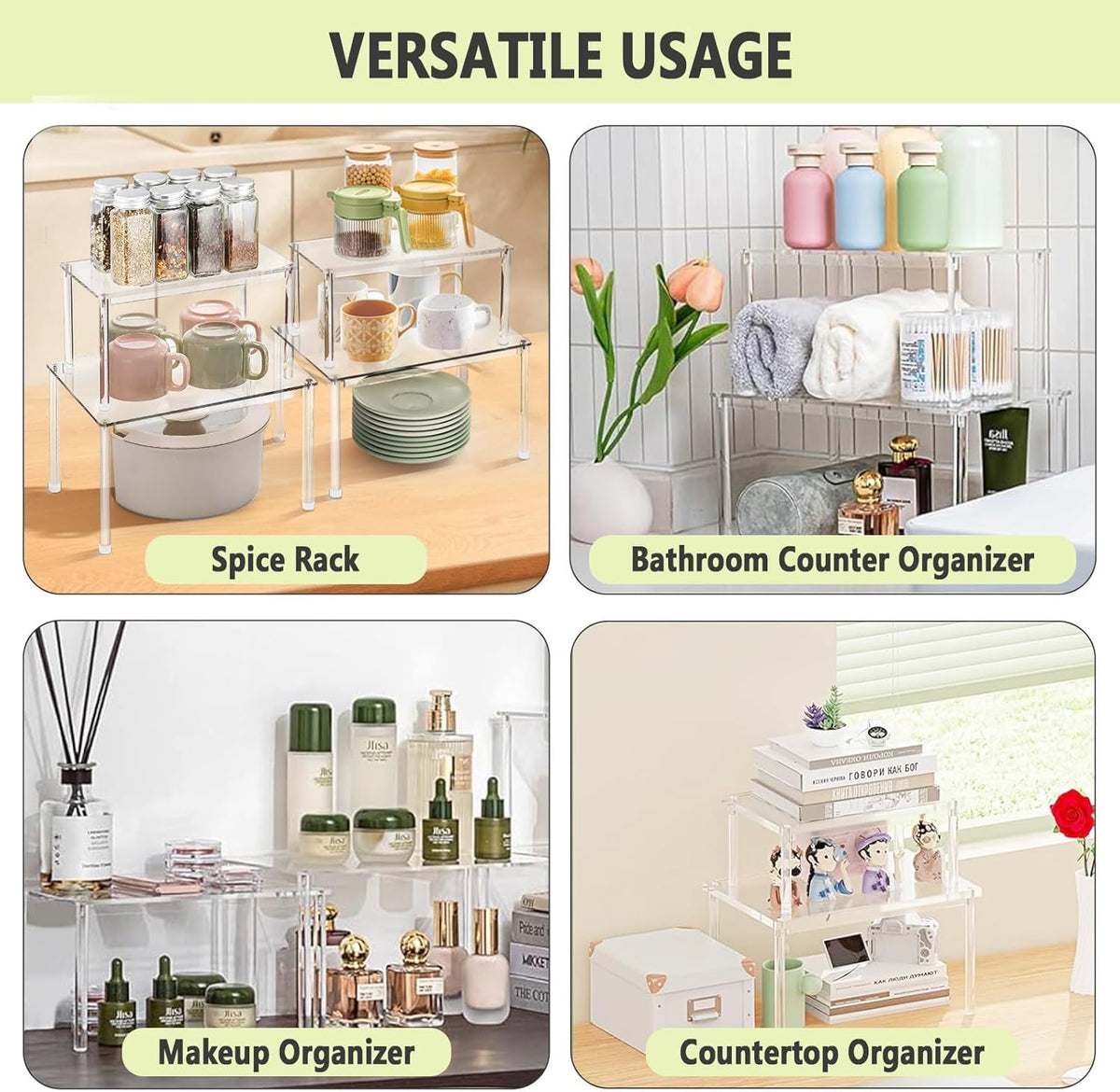 Acrylic Cabinet Organizers : 4Pcs Spice Rack Organizer for Cabinet, Pantry Kitchen Organizers and Storage, Countertop Desk Shelves Displays Organizer Displays, Stackable Shelves House Essentials