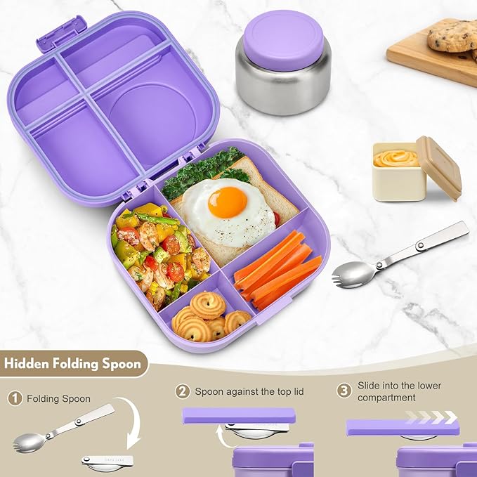 Bento Lunch Box with 12oz Soup Thermo,4 Compartments Lunch Box Containers, Spoon&Sauce Jar, BPA Free&Leak proof,Insulated Food Jar for Travel(Purple)
