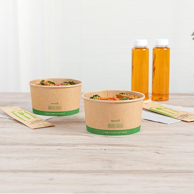 Restaurantware Compostable Paper Food Containers 200 Pack Of 34 oz BPI-Certified Round Kraft Salad Bowls Disposable Grease-Resistant Meal Prep Take Out Containers For Ice Creams, Soups, Snacks