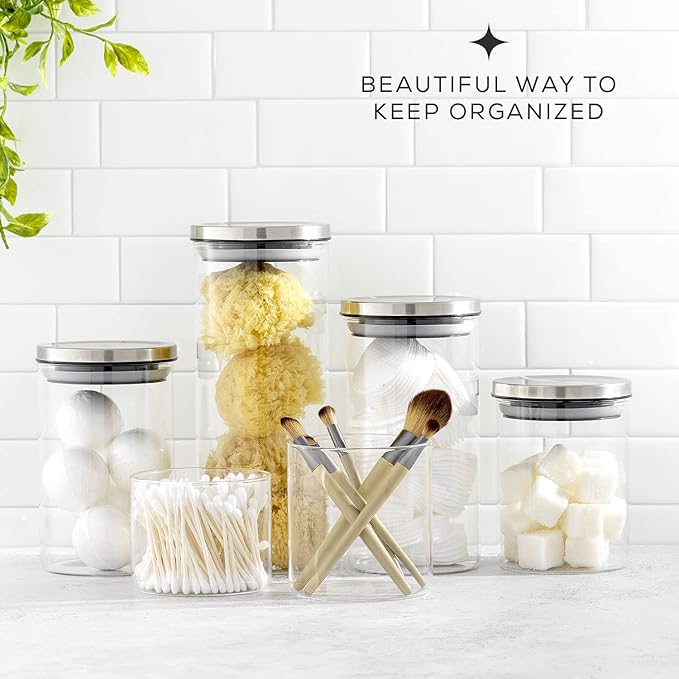 JoyJolt Kitchen Canister Set. 6 Glass Jars with Lids (Stainless Steel) Lids. Airtight Food Storage Containers for Pantry or Counter. Versatile Pantry Organization, Sugar Container or Cereal Canisters
