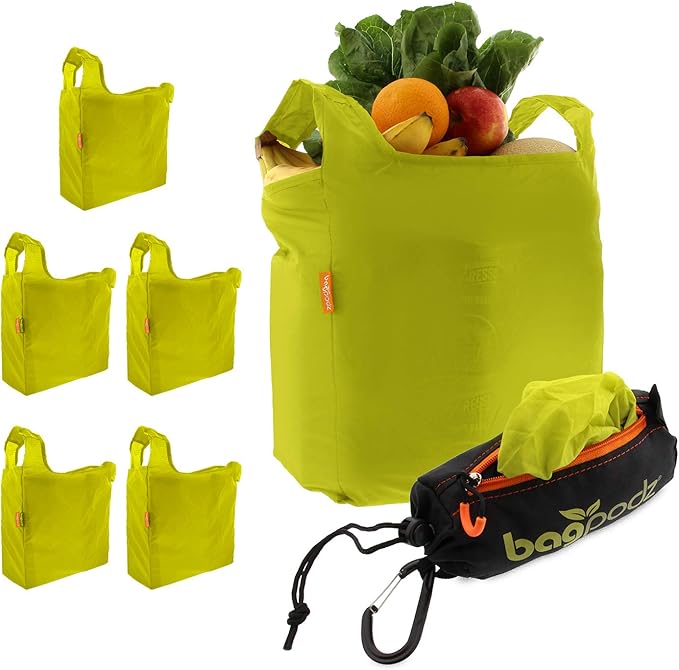 Sturdy Reusable Grocery Bags Foldable and Washable - Made From RipStop Nylon Hold 50lbs - Designed in USA Reusable Shopping Bags Inside a Compact Pod with Carry Clip - 5 Pack in Green