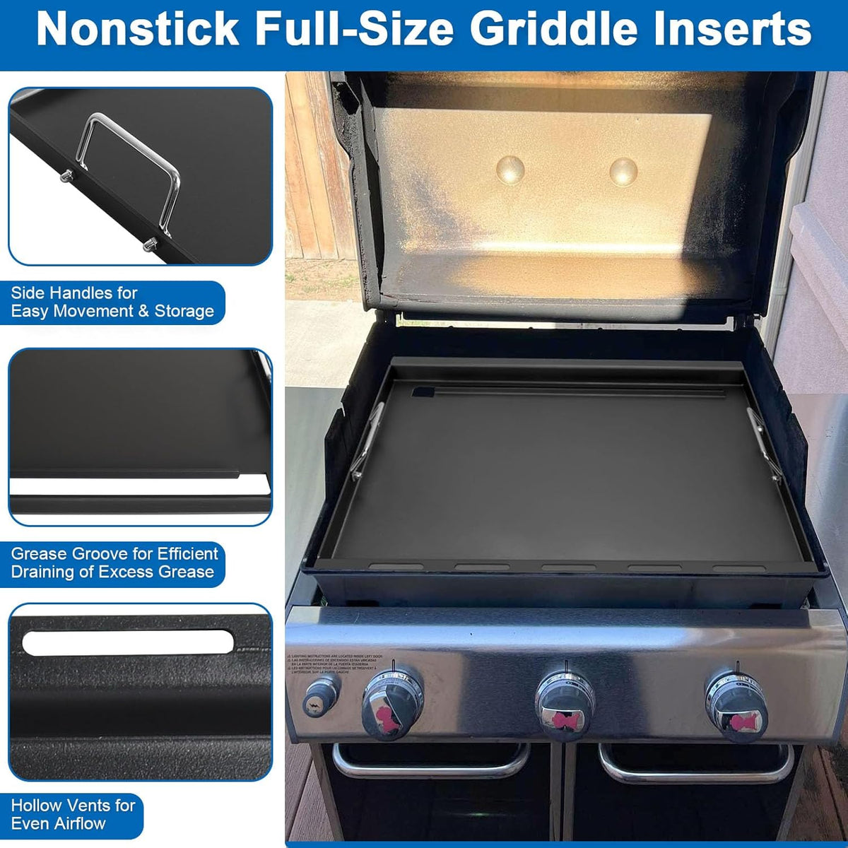 Full-Size Griddle Inserts for Weber Genesis 300 Gas Grills Flat Top Plate with Handles for Genesis E-310 S-310 E-320 S-320 E-330 S-330 EP-310 EP-320 EP-330 CEP-310 Replace for Weber 7524