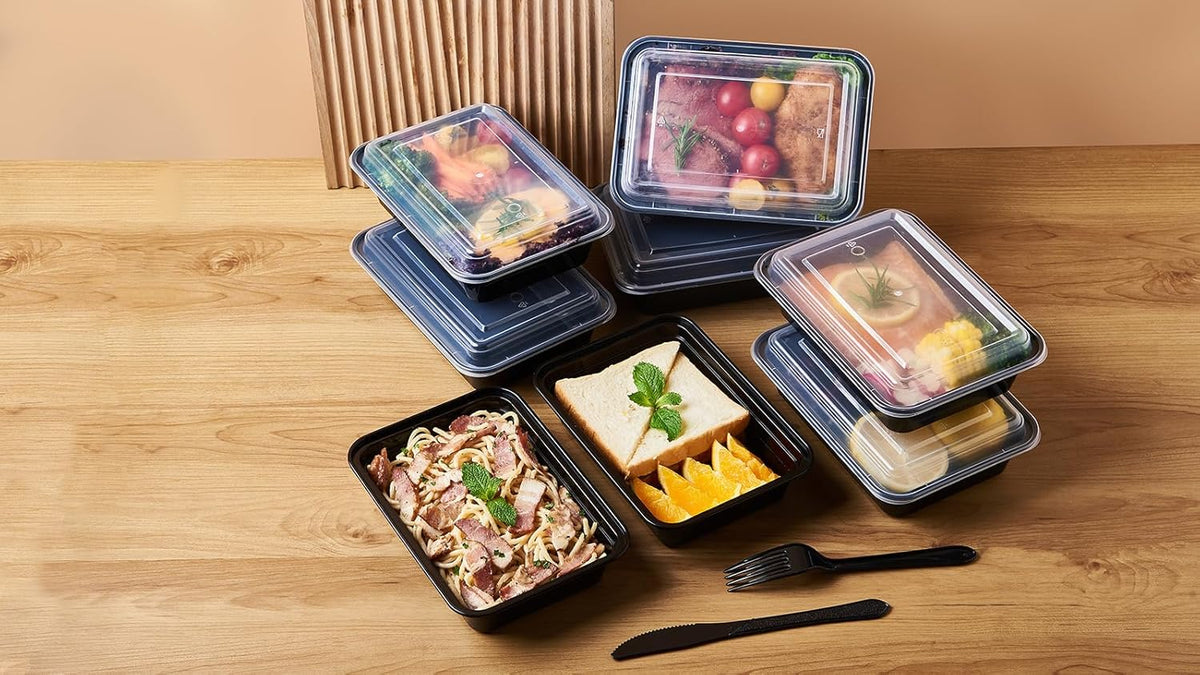 FULIGN 24 oz Meal Prep Containers With Lids Reusable 150 Pack Extra-thick Plastic Food Storage Black Disposable To Go Lunch Box BPA Free Stackable Microwave Dishwasher Freezer Safe
