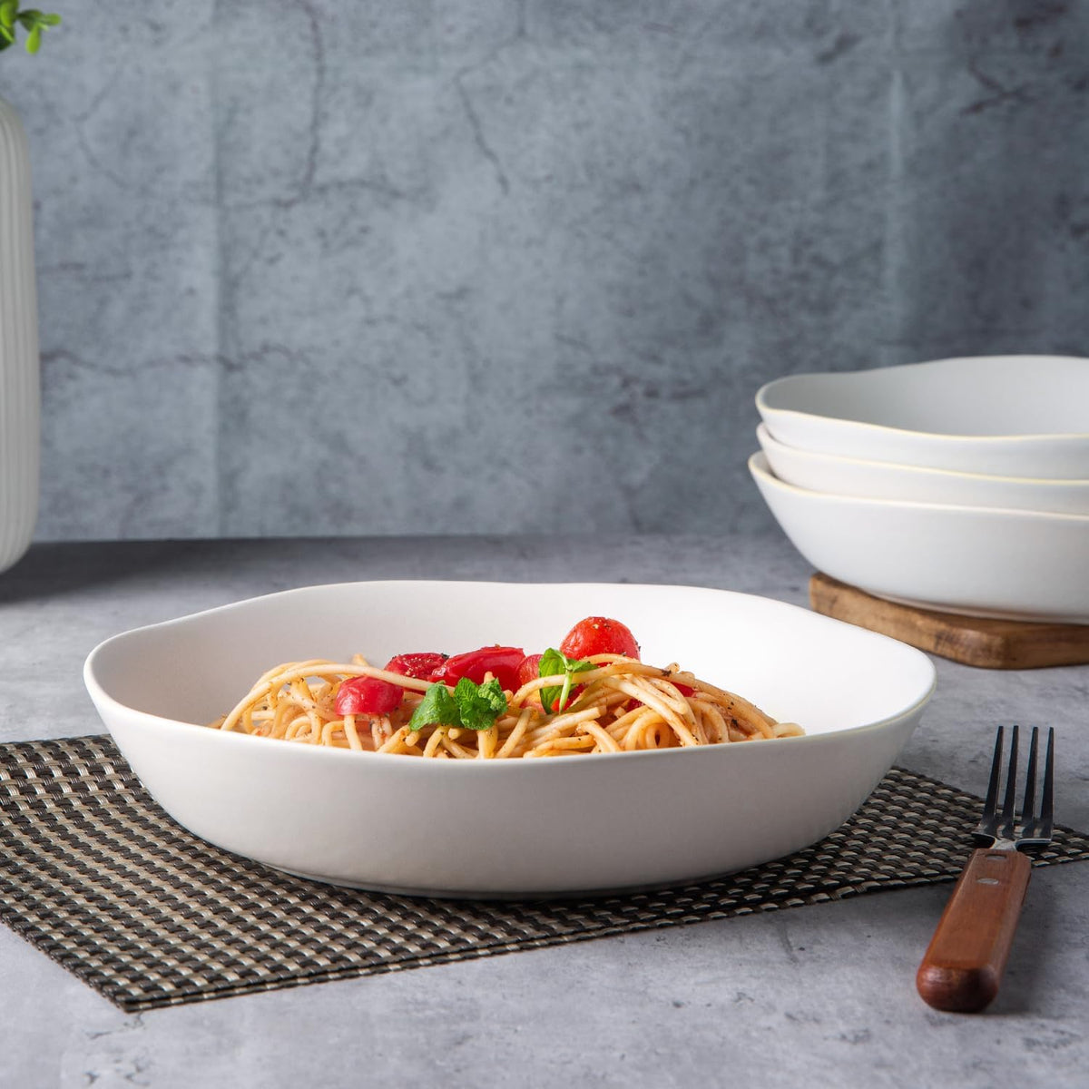 AmorArc 9.75'' Large Ceramic Pasta Bowls, 38oz Stoneware Wide Serving Bowls Set of 6 for Kitchen, Oven, Microwave&Dishwasher Safe Bowls with Wavy Rim for Fruit Pasta Salad Meal, Matte White