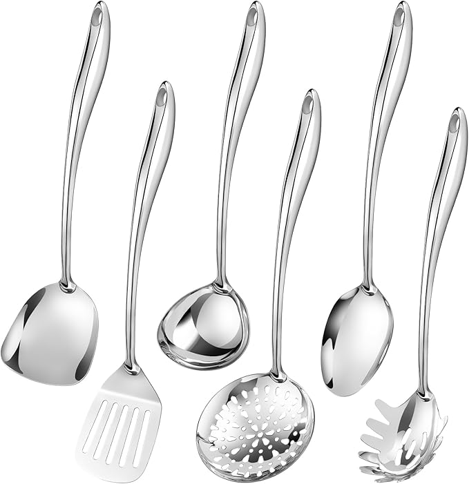 304 Stainless Steel Cooking Utensils Set,6 Pcs Long Metal Kitchen Utensils Set with Spatula, Solid Spoon, Ladle, Skimmer, Spaghetti Spoon,Dishwasher Safe
