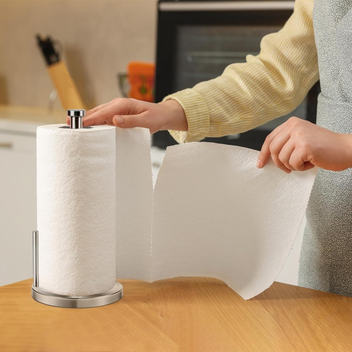 Paper Towel Holder with Side Rod, Stainless Steel, Easy Tear Dispenser for Home Kitchen Countertop Tabletop (Silver)