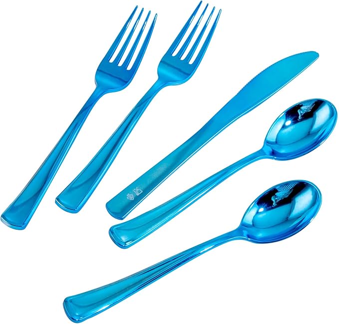 Supernal 240pcs Blue Plastic Silverware,Party Disposable Utensils,Plastic Silverware Heavy Duty Include 80 Forks,80 Knvies,80 Spoons,Premium Disposable Cutlery Shine Blue for Birthday,Party