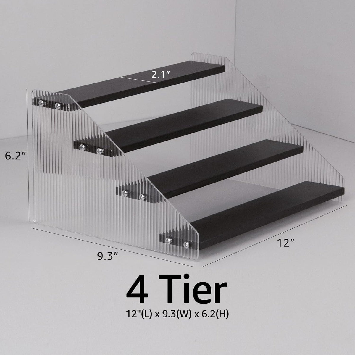 nianfeng Tiered Spice Rack, 4-Tier Spice Pantry Kitchen Cabinet Organizer, 12-Inch, Natural Wood Acrylic Stair Riser Stand, Countertop Seasoning Shelf (Black)