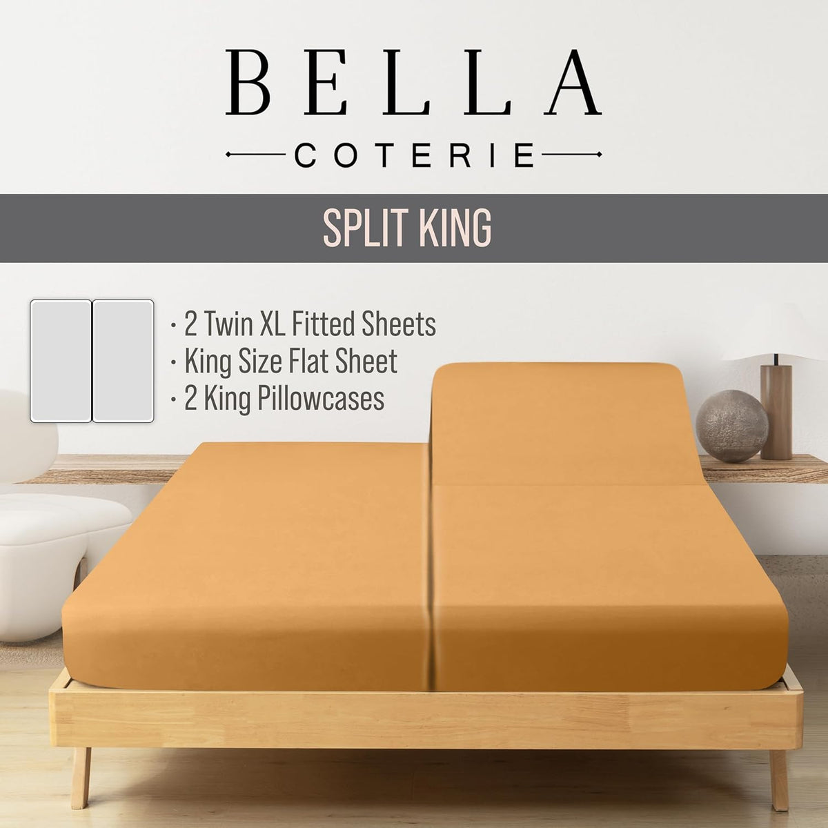 Bella Coterie Luxury Split King Sheet Set | Organically Grown | Ultra Soft | Cooling for Hot Sleepers | 18" Deep Pocket | Viscose Made from Bamboo [Marigold]