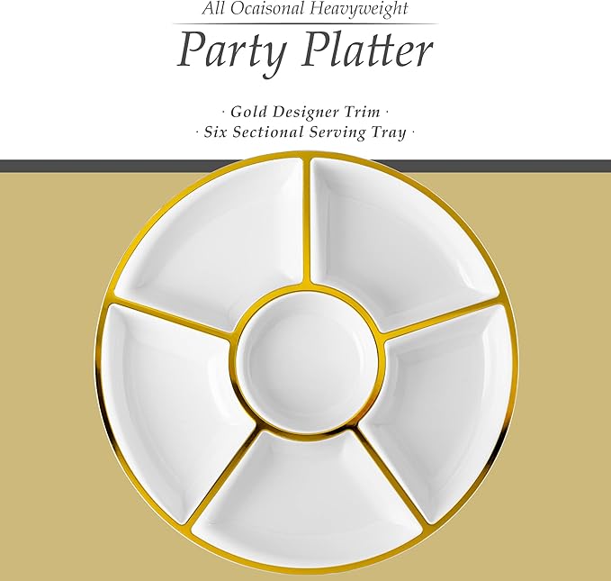 Plasticpro 6 Sectional Round Plastic Serving Tray/Platter (2, White & Gold)