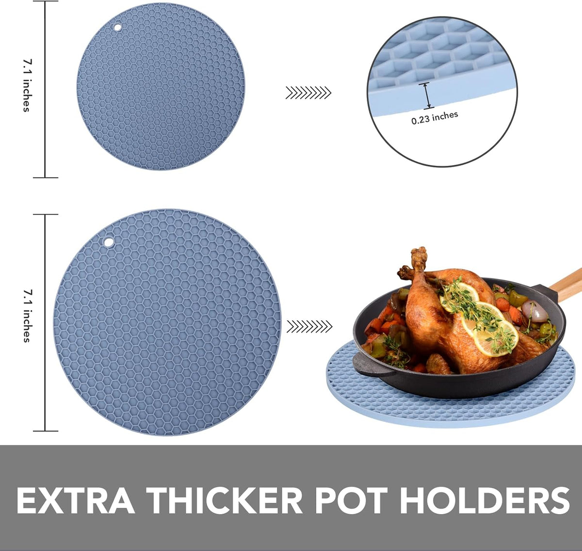 Joyhalo Trivets for Hot Dishes - Hot Pads for Kitchen, Silicone Pot Holders for Hot Pots and Pans, Silicone Mats for Kitchen Countertops, Table, Flexible Easy to Wash and Dry, Blue